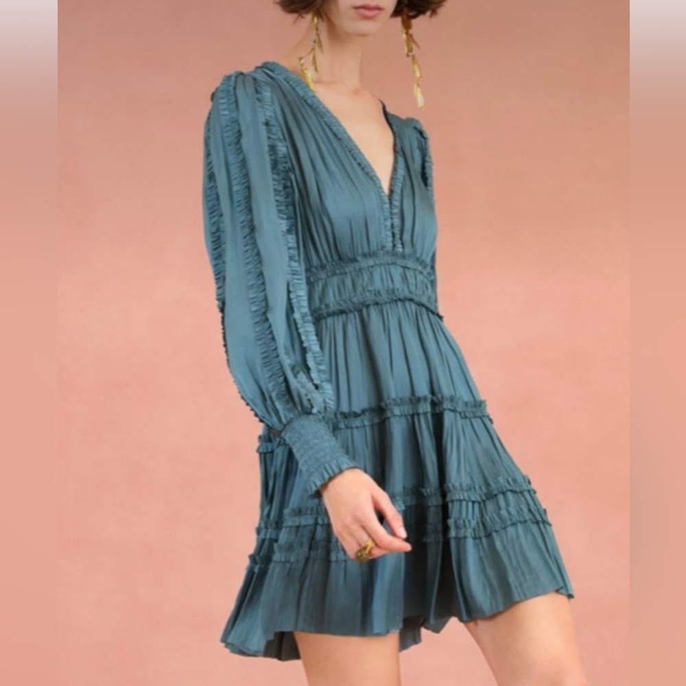 Ulla Johnson Teal Pleated Long-Sleeve Mini Dress